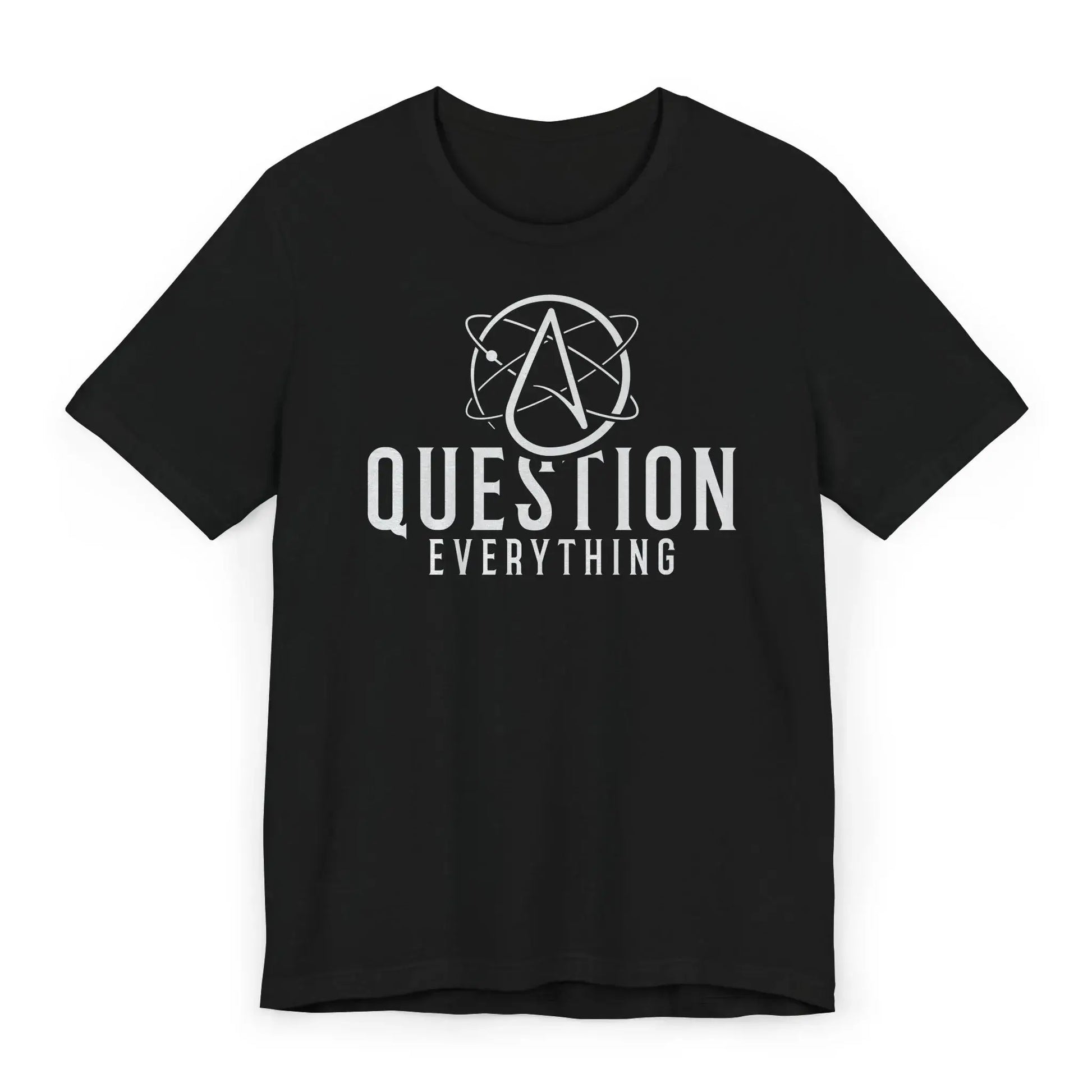 Flatlay of Question Everything shirt with subtle atheist design