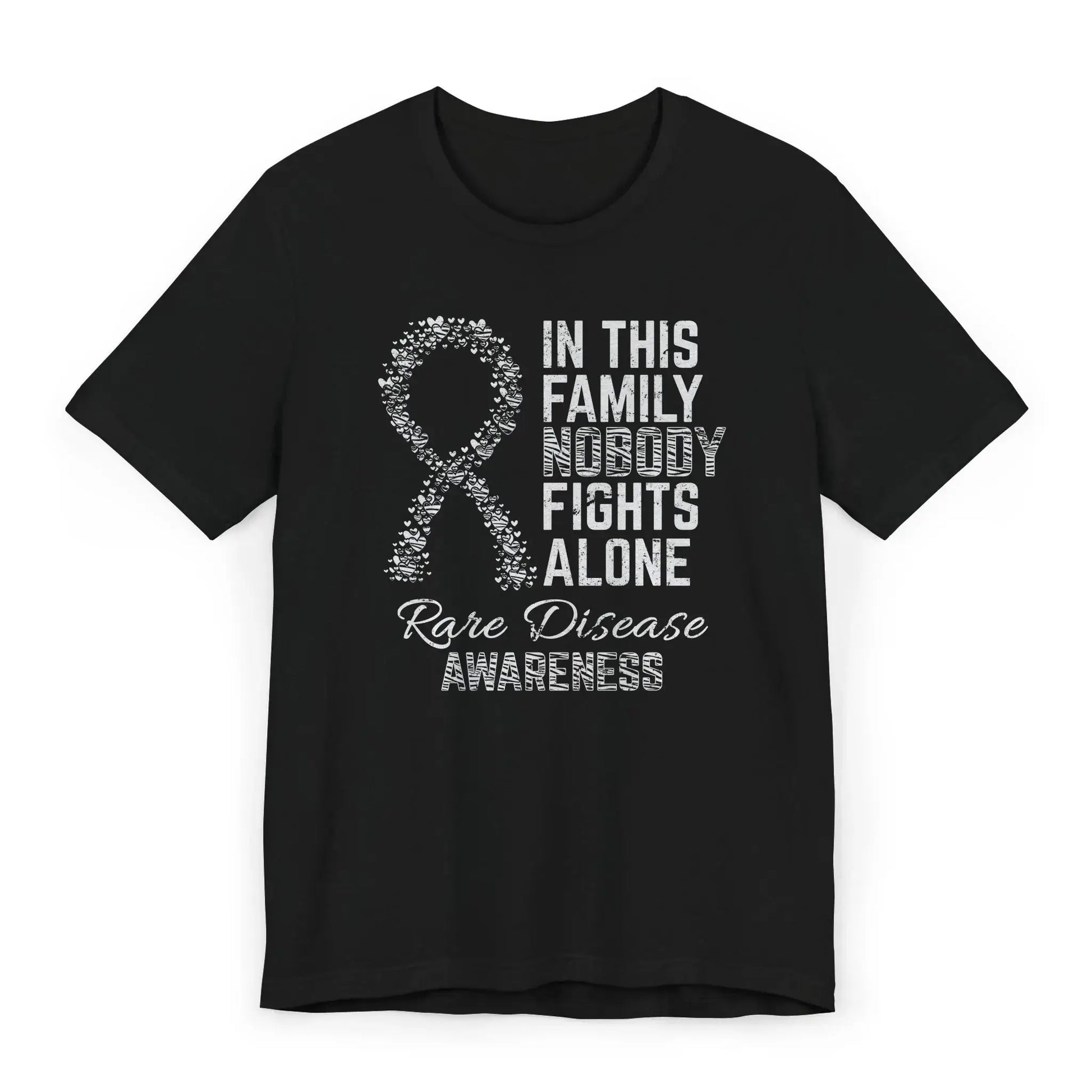 Flat image of the Rare Disease Awareness T-shirt with ribbon and quote to support individuals facing rare conditions and raise visibility.