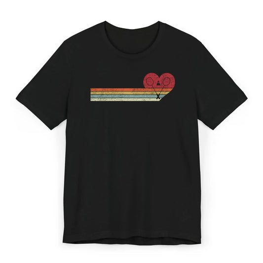 Retro heart shirt with colorful faded stripes and two badminton rackets