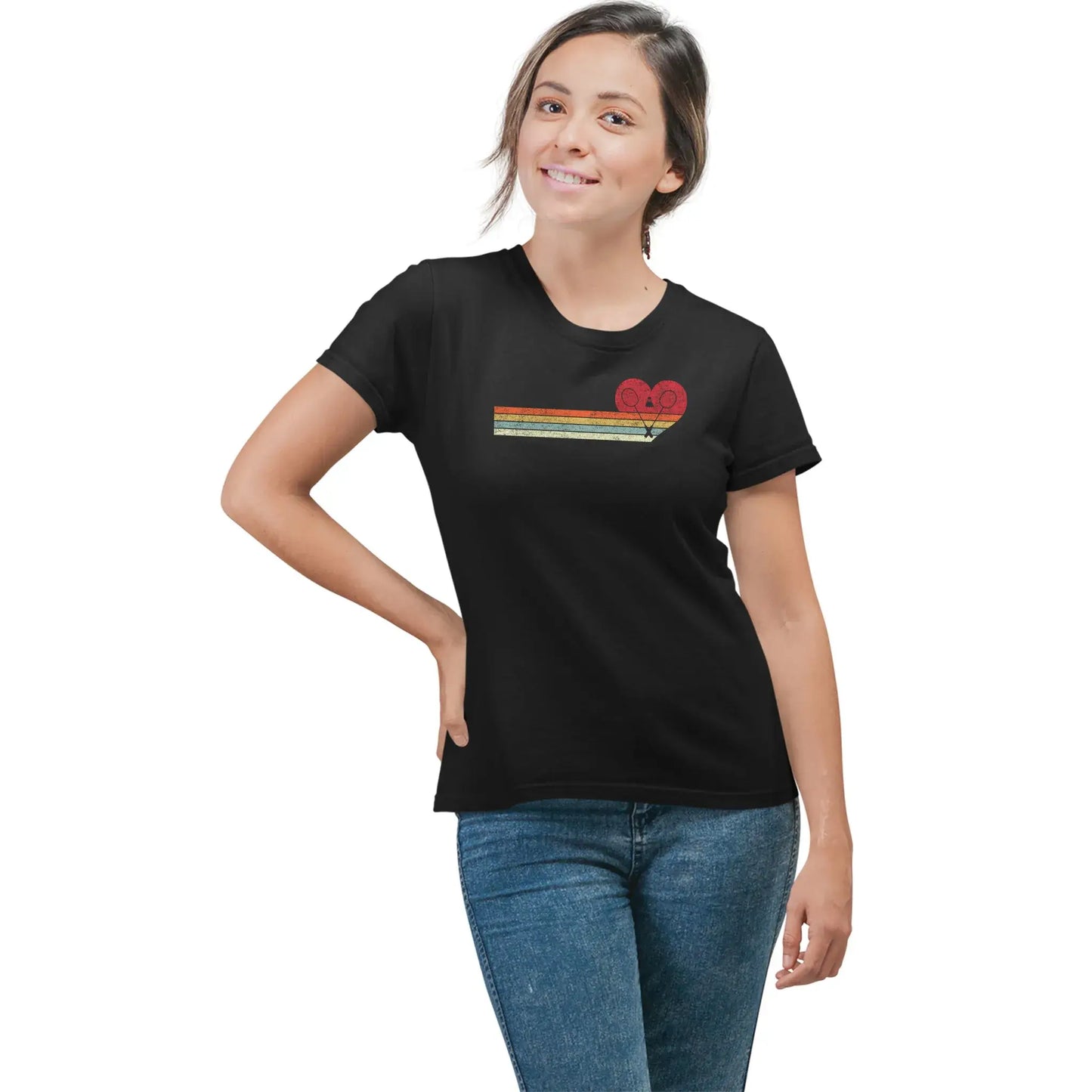 Women’s cute badminton tee with retro rainbow heart and rackets graphic