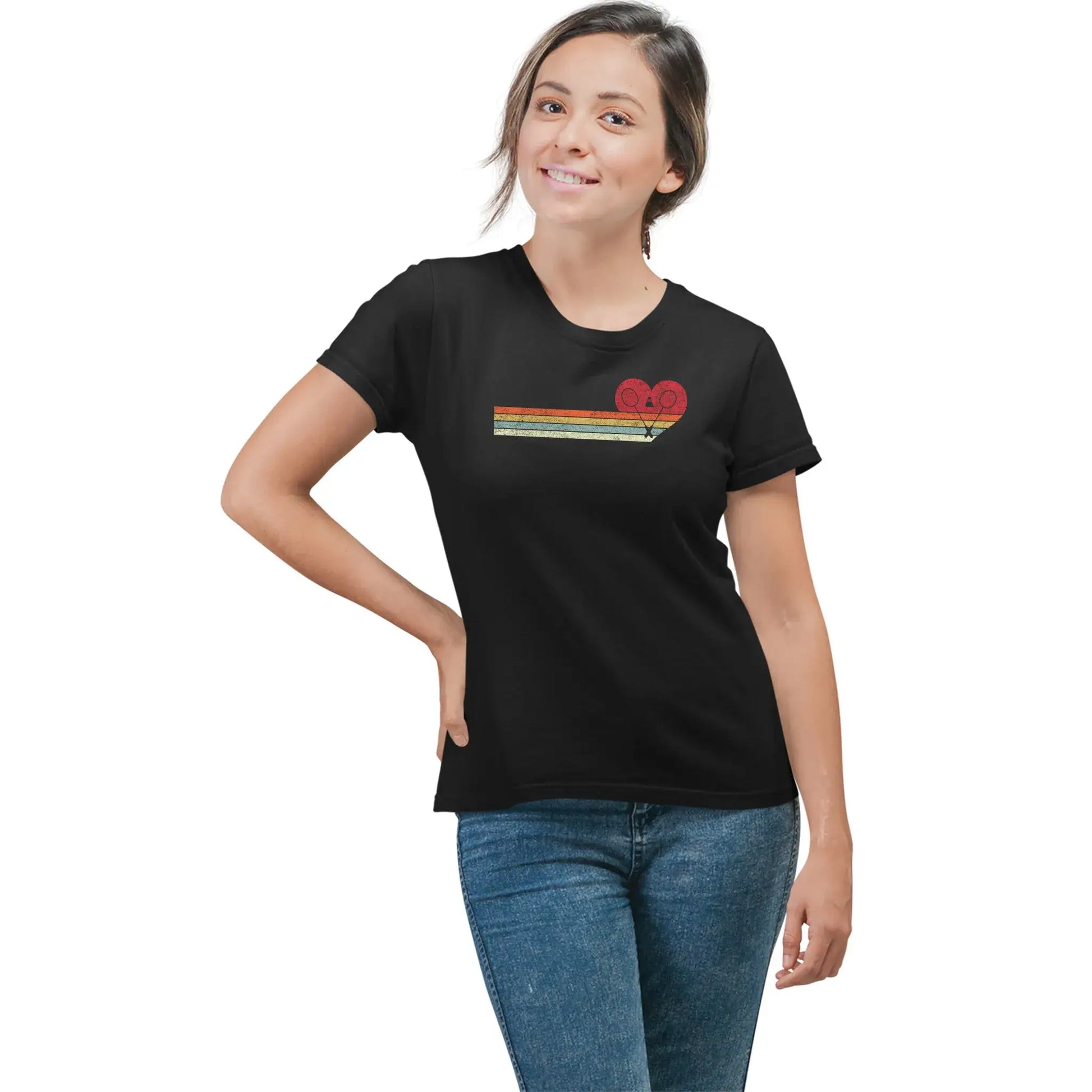 Women’s cute badminton tee with retro rainbow heart and rackets graphic