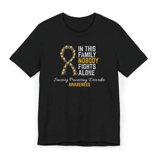 Flat image of the Sensory Processing Disorder Awareness T-shirt with a teal ribbon and quote supporting sensory warriors and their families.