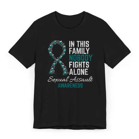 Flat image of the Sexual Assault Awareness T-shirt with ribbon and quote created to support survivors and raise awareness against sexual violence.