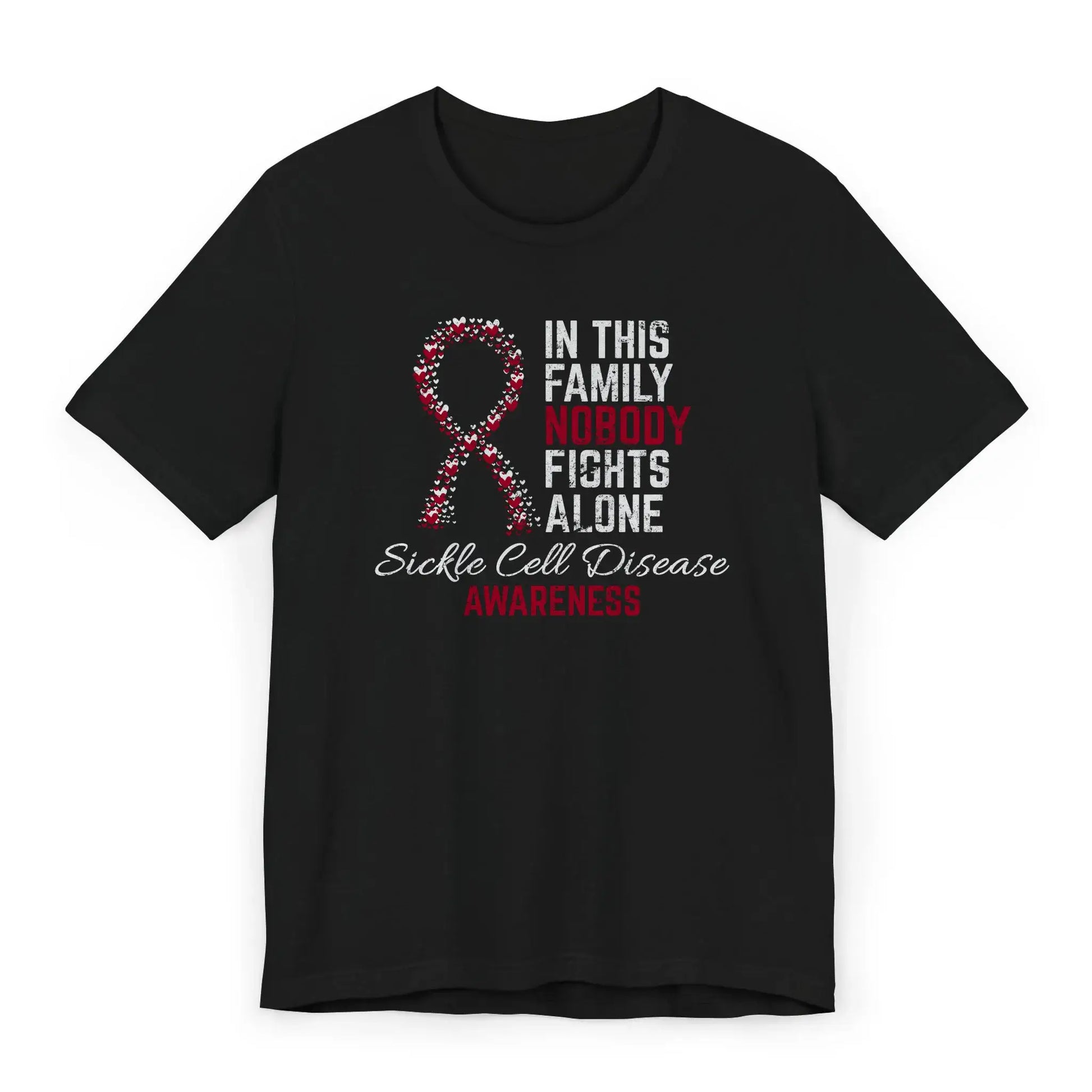 Flat image of the Sickle Cell Awareness T-shirt with a burgundy ribbon and quote offering support to warriors and families.
