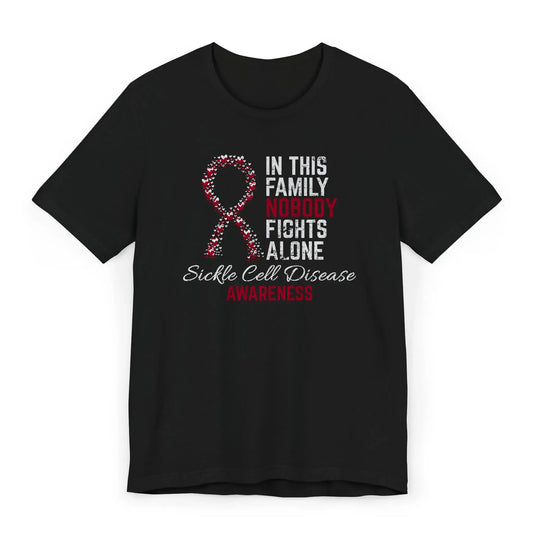 Flat image of the Sickle Cell Awareness T-shirt with a burgundy ribbon and quote offering support to warriors and families.