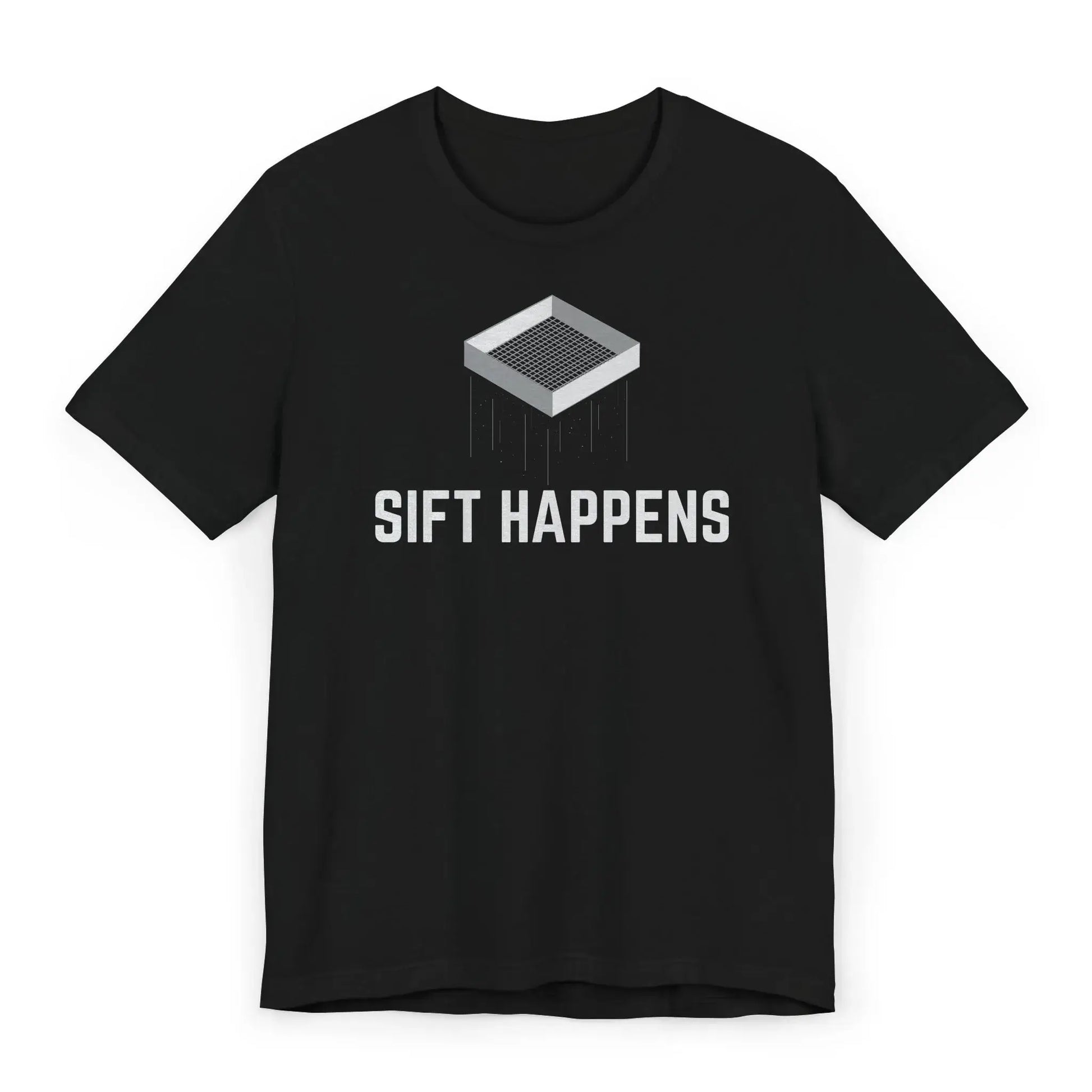 Flatlay of black archaeology tee with “Sift Happens” and sifter illustration