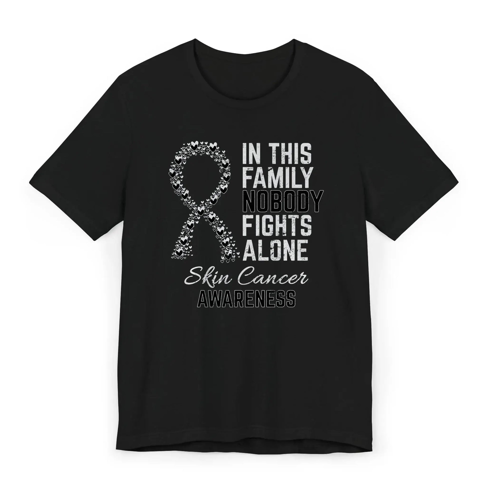 Flat image of the Skin Cancer Awareness T-shirt with heart-filled ribbon and empowering quote for skin cancer fighters and supporters.