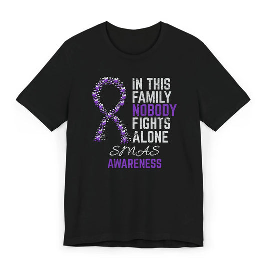 Flat image of the SMAS Awareness T-shirt with ribbon and quote designed to support rare disease fighters and promote awareness for artery compression.