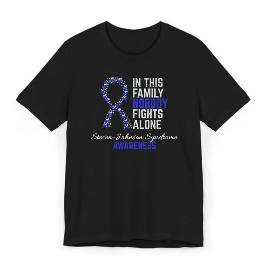 Flat image of the Stevens-Johnson Syndrome awareness T-shirt with a heart-filled ribbon and the quote “In This Family No One Fights Alone.”