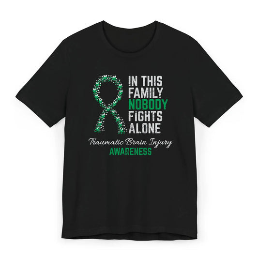 Flat image of the TBI Awareness T-shirt with heart-filled ribbon and quote designed to honor brain injury survivors and raise traumatic brain injury awareness.