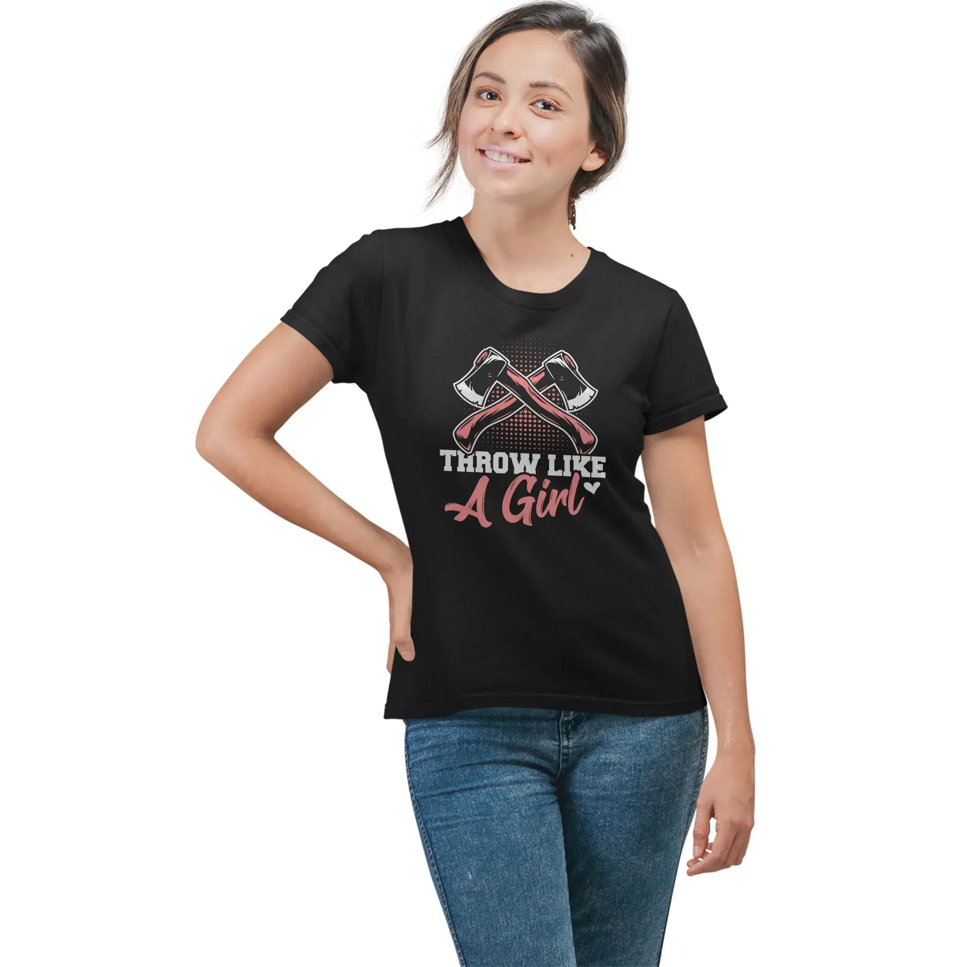 Unisex shirt with Throw Like a Girl message and minimal axe detail for axe throwing fans