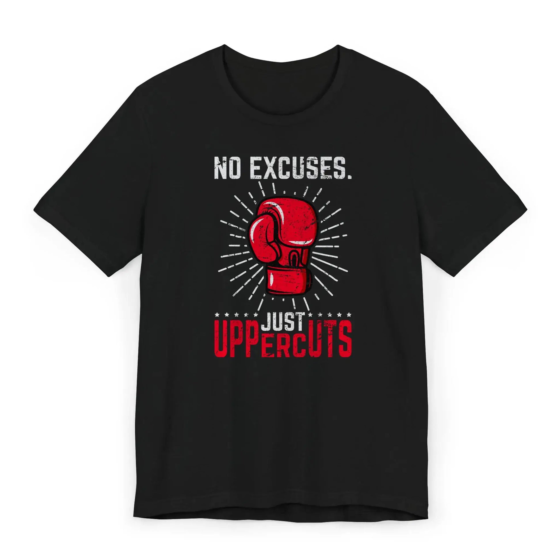 Flat lay of a boxing motivation shirt with red glove and quote “No Excuses. Just Uppercuts.”