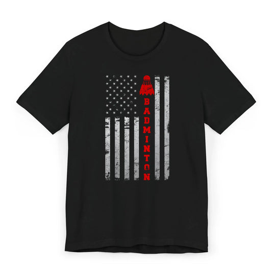 Badminton shirt with distressed USA flag design and vertical text Badminton