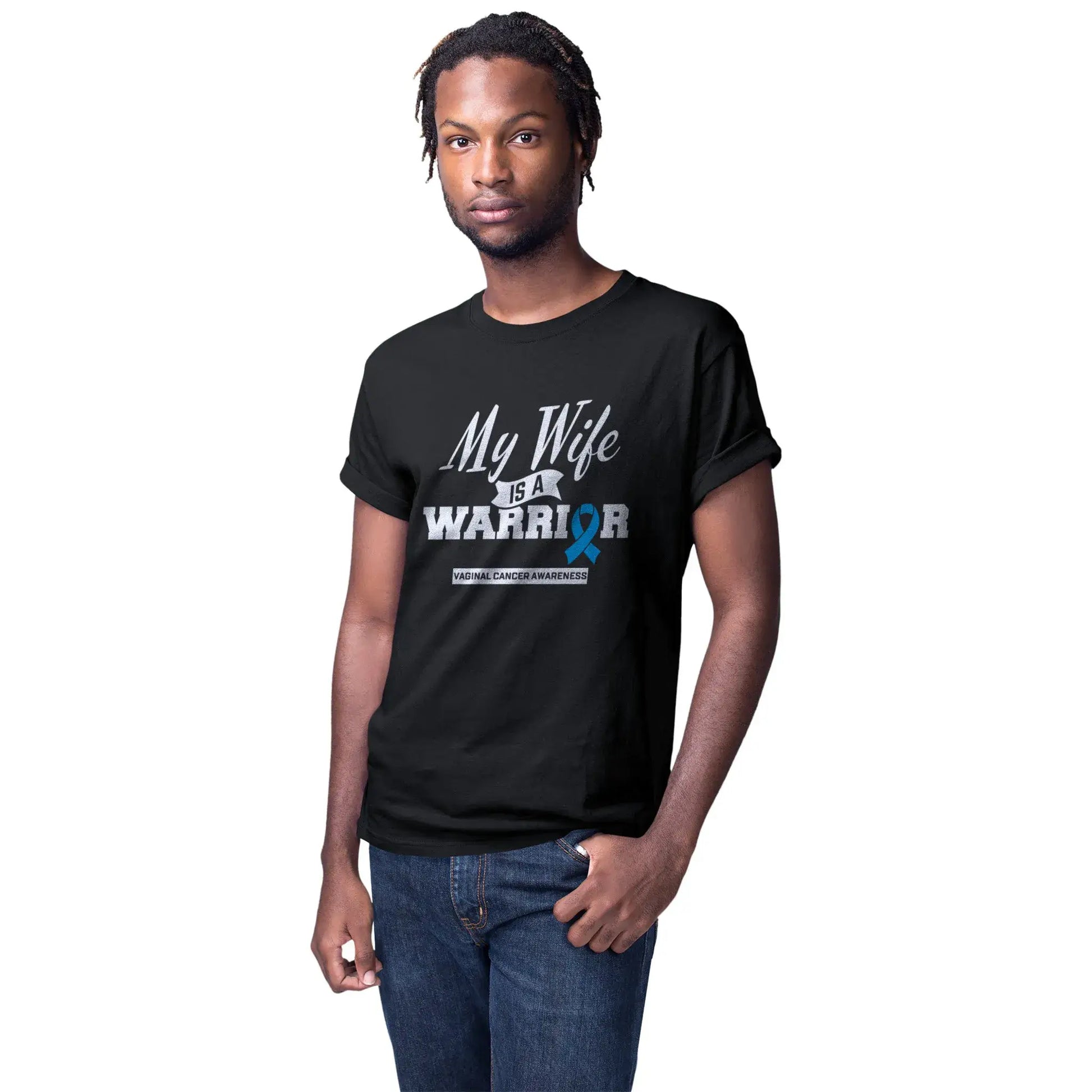 A man models the Vaginal Cancer Awareness shirt to show strength, love, and support for his wife's rare cancer journey.