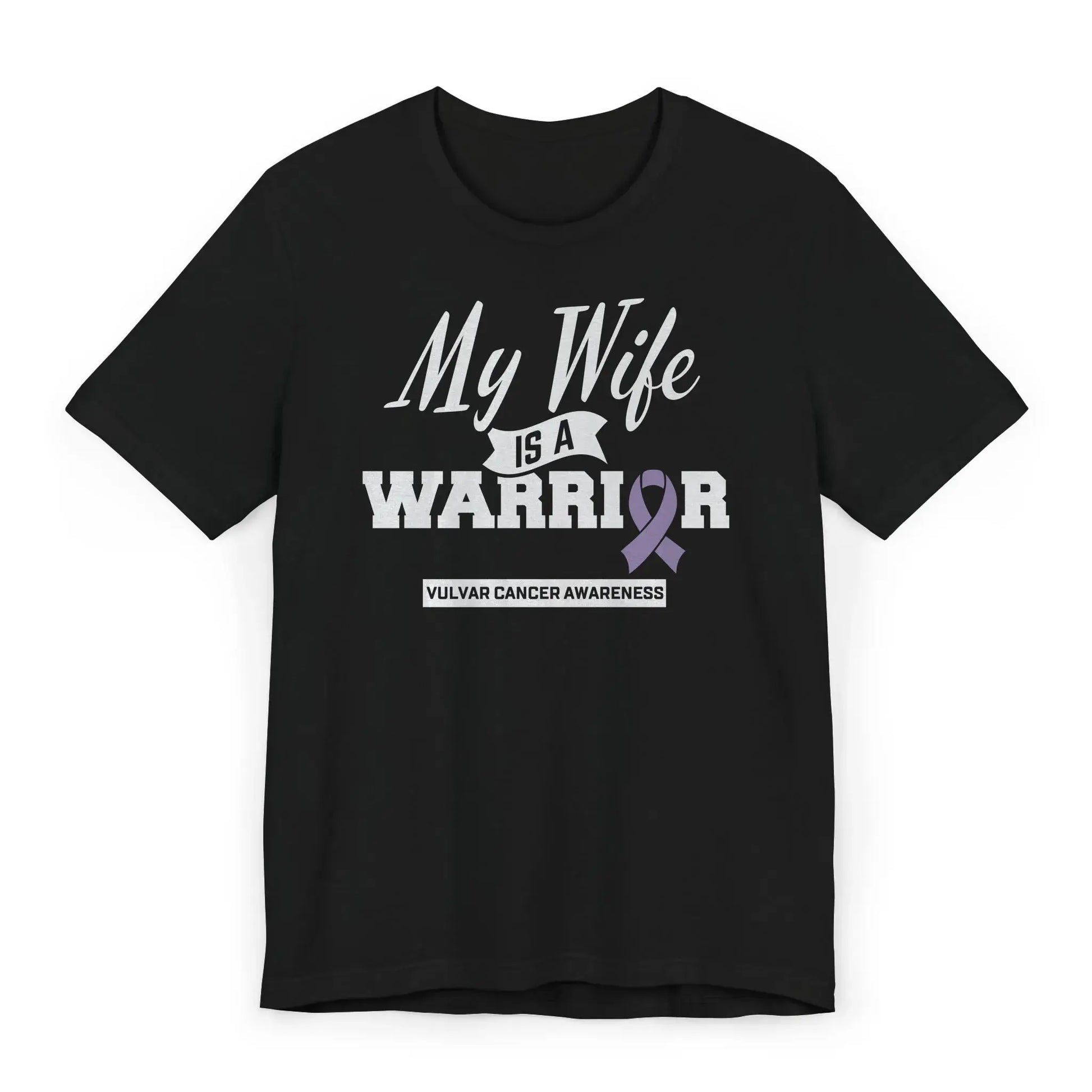 Flat image of a “My Wife Is a Warrior” Vulvar Cancer Awareness T-shirt with a teal ribbon designed to support rare gynecologic cancer awareness.