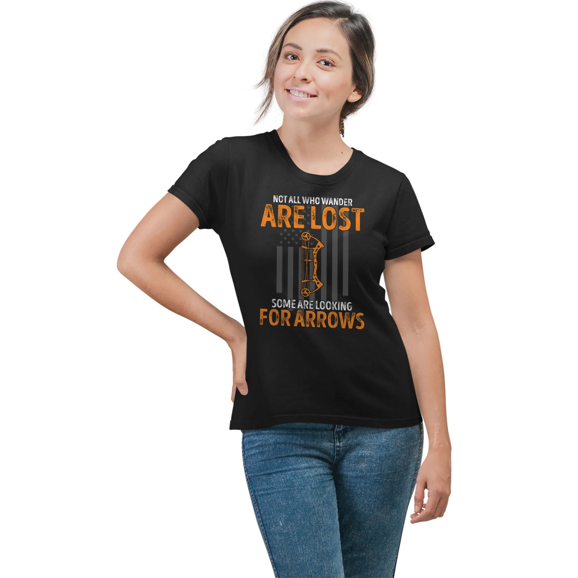 Woman wearing Wander for Arrows shirt – archer gift tee for women who love archery and nature
